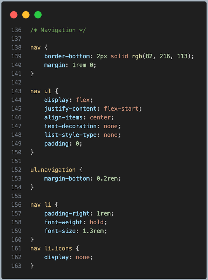 capture du code css menu de navigation